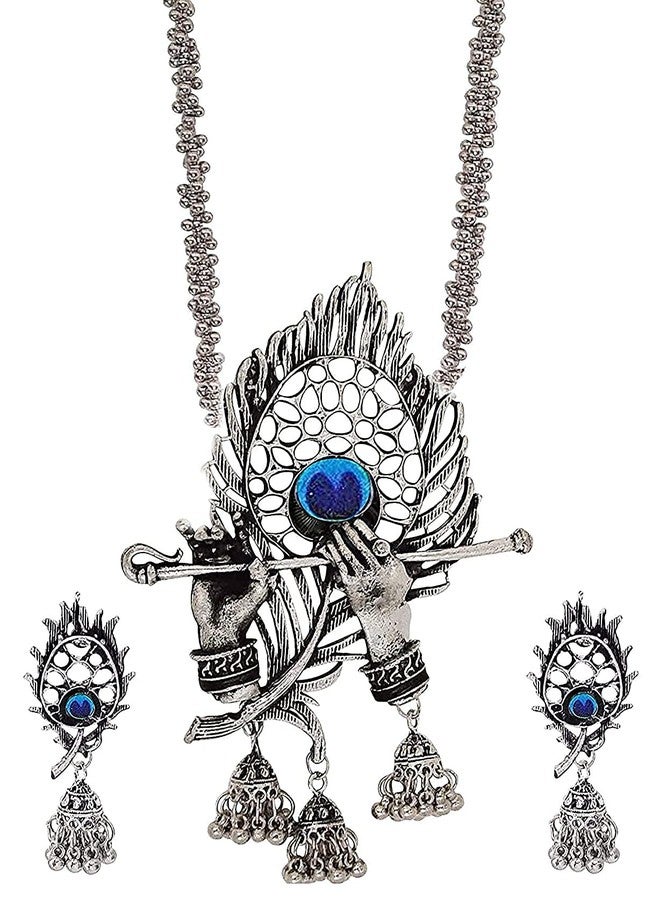Siddhatva Ethnic Traditional Indian Designer Silver Bohemian Long Temple Necklace Earrings Jewelry for Women - Image 1
